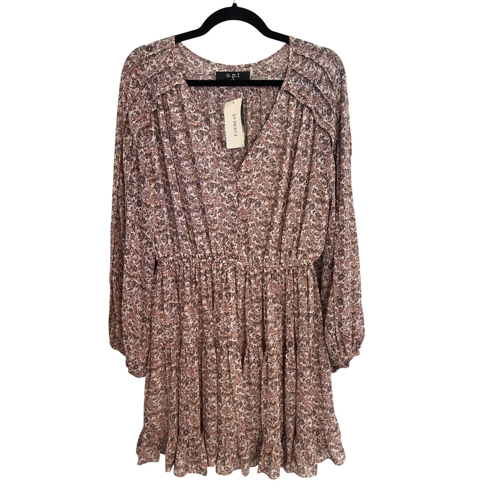 Evereve O.P.T Lea Dress Pink Floral Tiered Ruffle Mini Long Sleeve Size M NEW